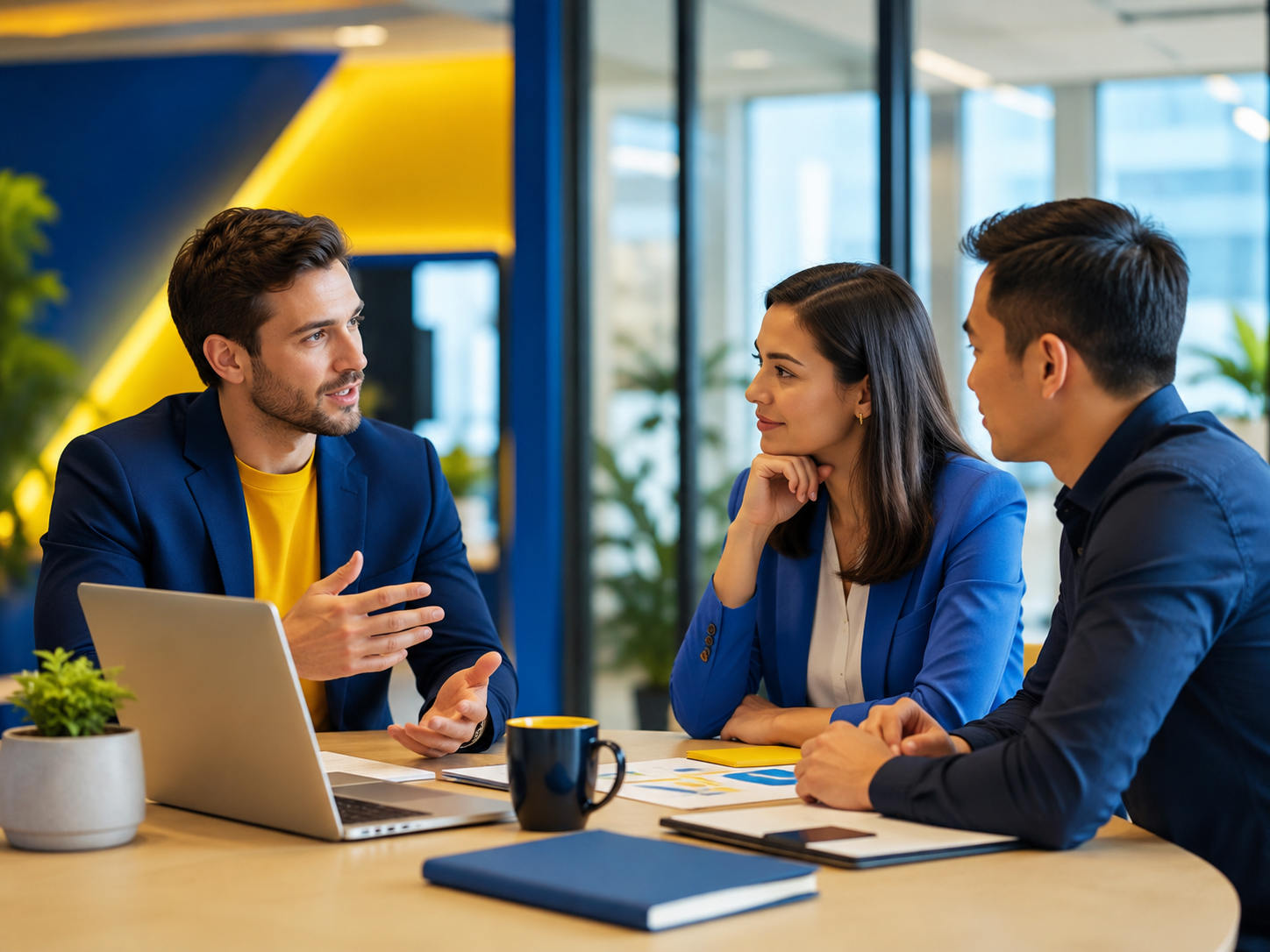 AI generated meeting between professionals in a branded blue and yellow office
